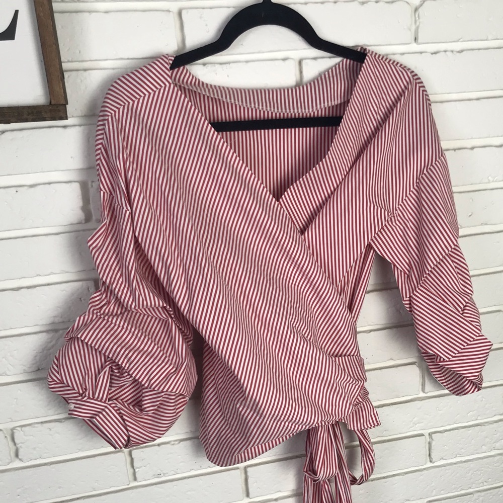 Zara Red Stripe wrap top with dramatic sleeve